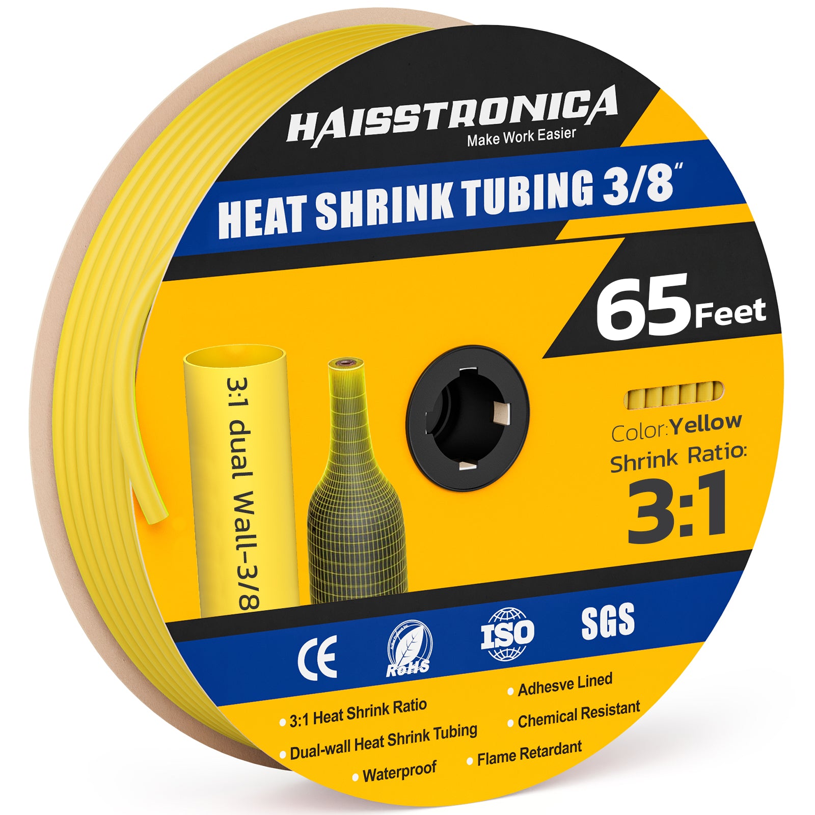 Haisstronica yellow heat shrink tubing (3/8", 65ft) – 3:1 dual-wall for automotive or DIY electrical repairs.