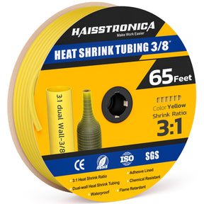 Haisstronica yellow heat shrink tubing (3/8", 65ft) – 3:1 dual-wall for automotive or DIY electrical repairs.