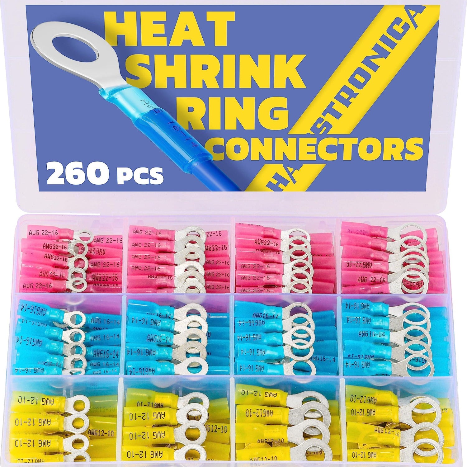 Haisstronica heat shrink ring connectors with quick-disconnect design, perfect for automotive and marine wiring.