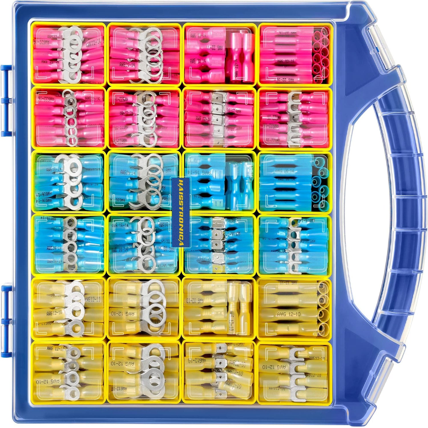 Haisstronica heat shrink spade connectors in multiple sizes for secure and insulated wire connections.