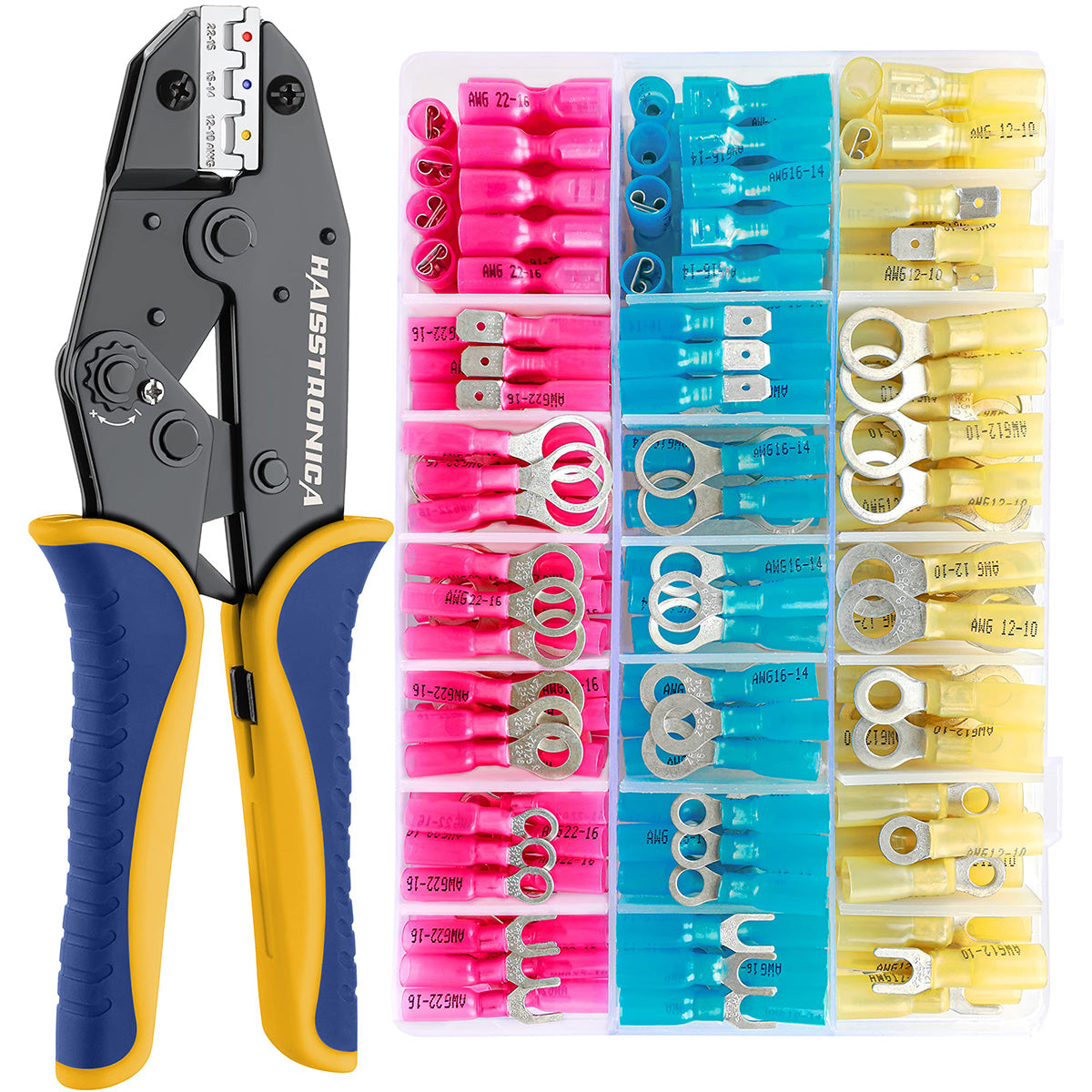 Haisstronica heat shrink wire connectors set, pink/blue/yellow, ring/fork/butt terminals, AWG 12-10.