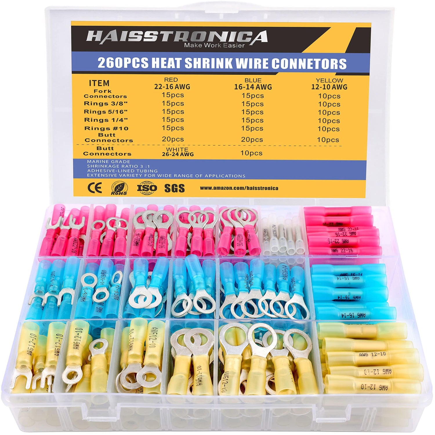 Compact Haisstronica heat shrink crimp terminals kit (260 pcs) for small-scale electrical projects.