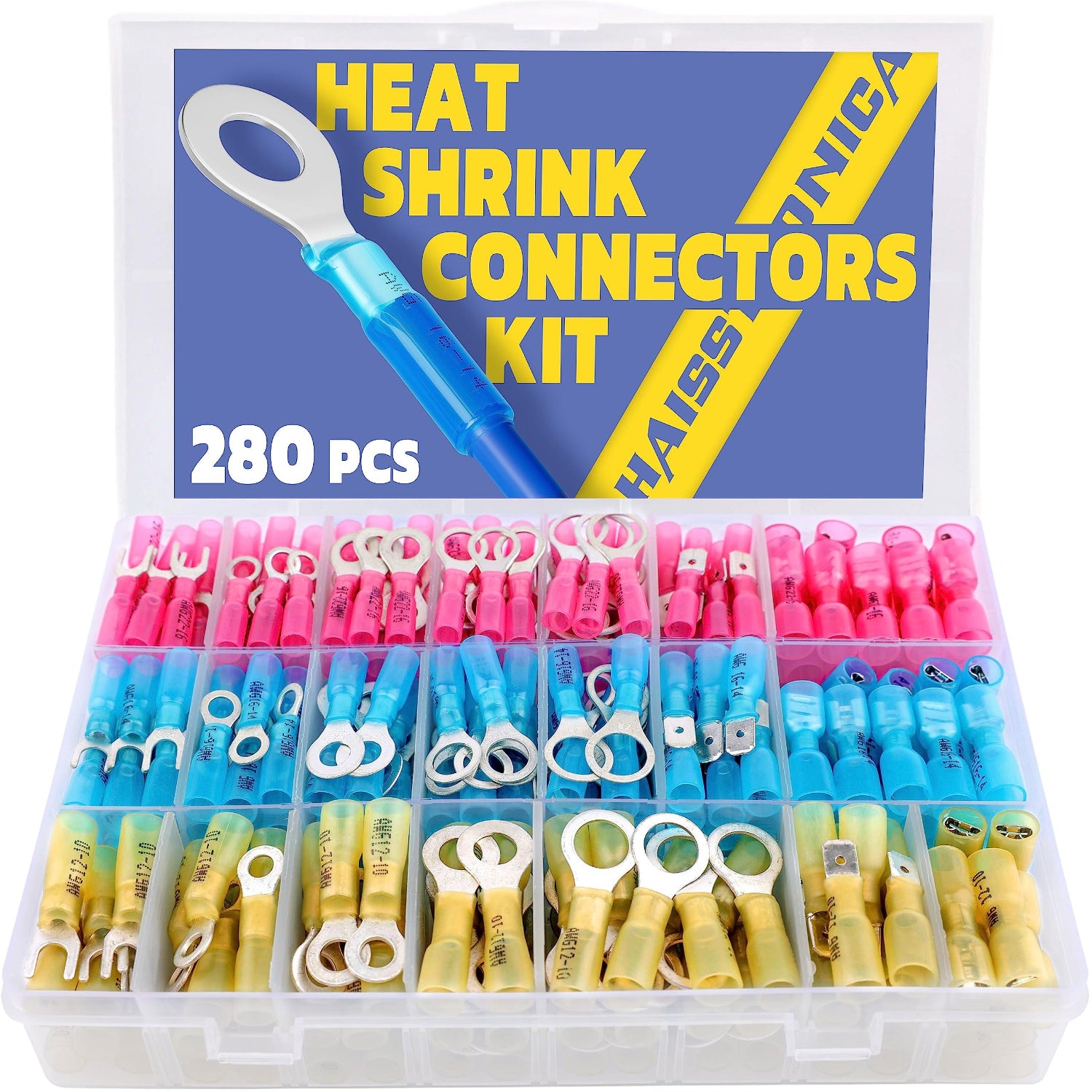 Haisstronica heat shrink butt splice connectors (280 pcs) with adhesive-lined tubing for waterproof sealing.