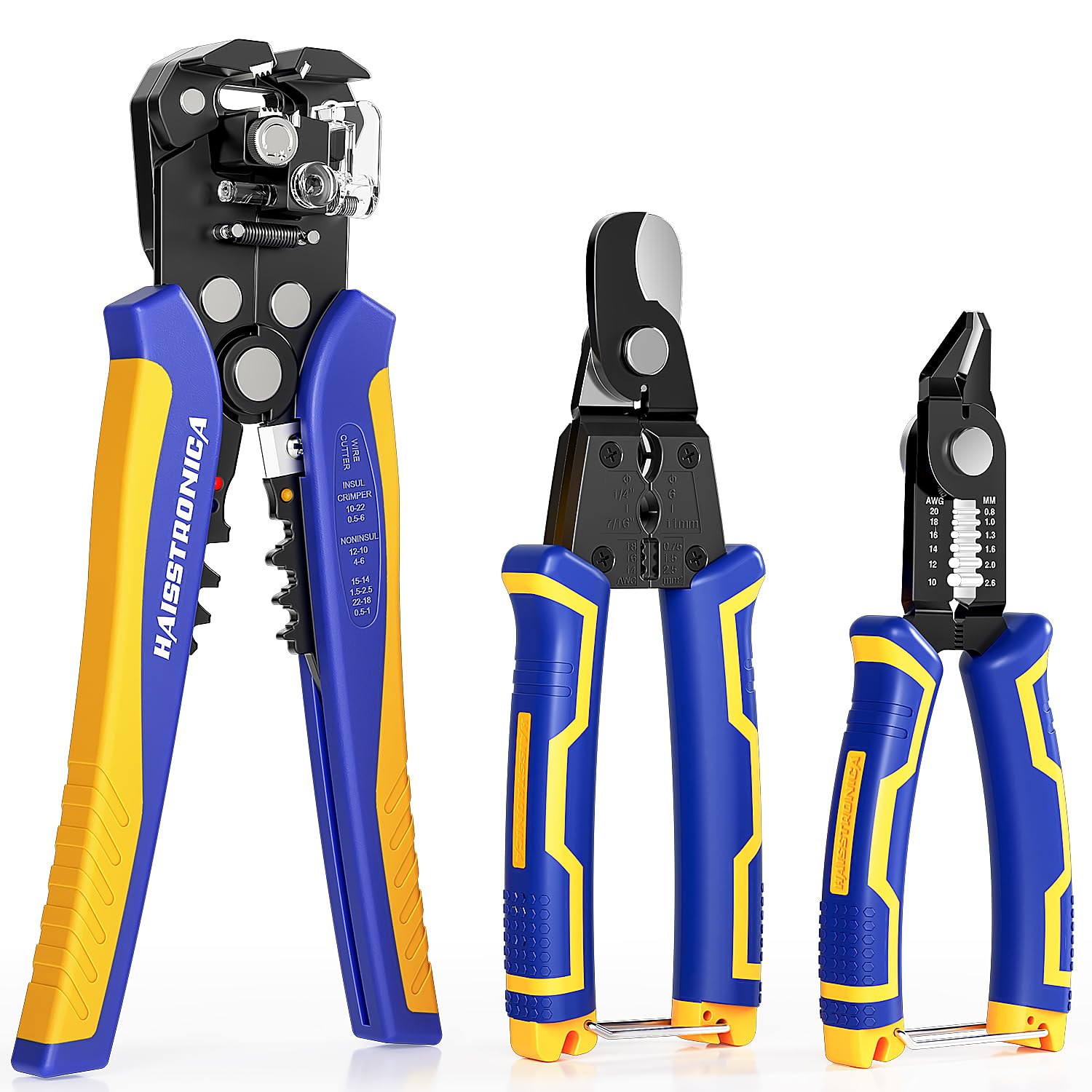 Haisstronica adjustable wire strippers with numbered dial (settings 12-23) for precise control across various wire gauges.