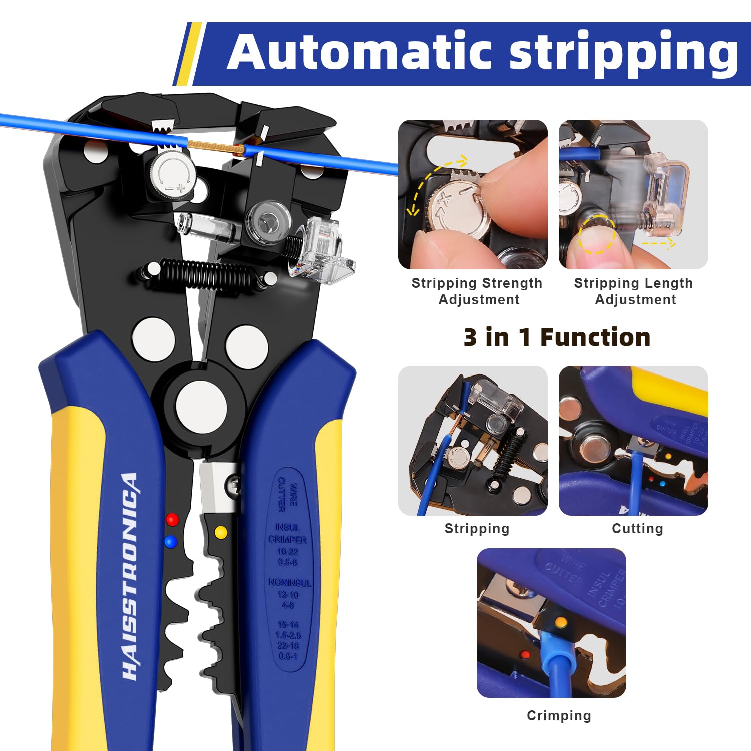 Haisstronica wire stripper crimper: 3-in-1 automatic tool with adjustable stripping strength/length for AWG22-10 cables.