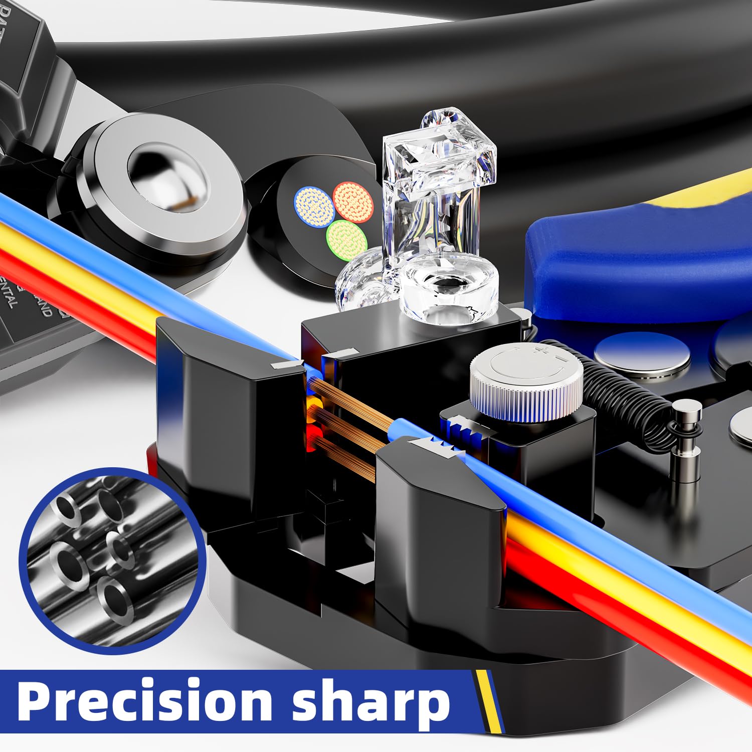 Precision sharp blades on Haisstronica self-adjusting wire strippers ensure clean cuts without damaging copper conductors.