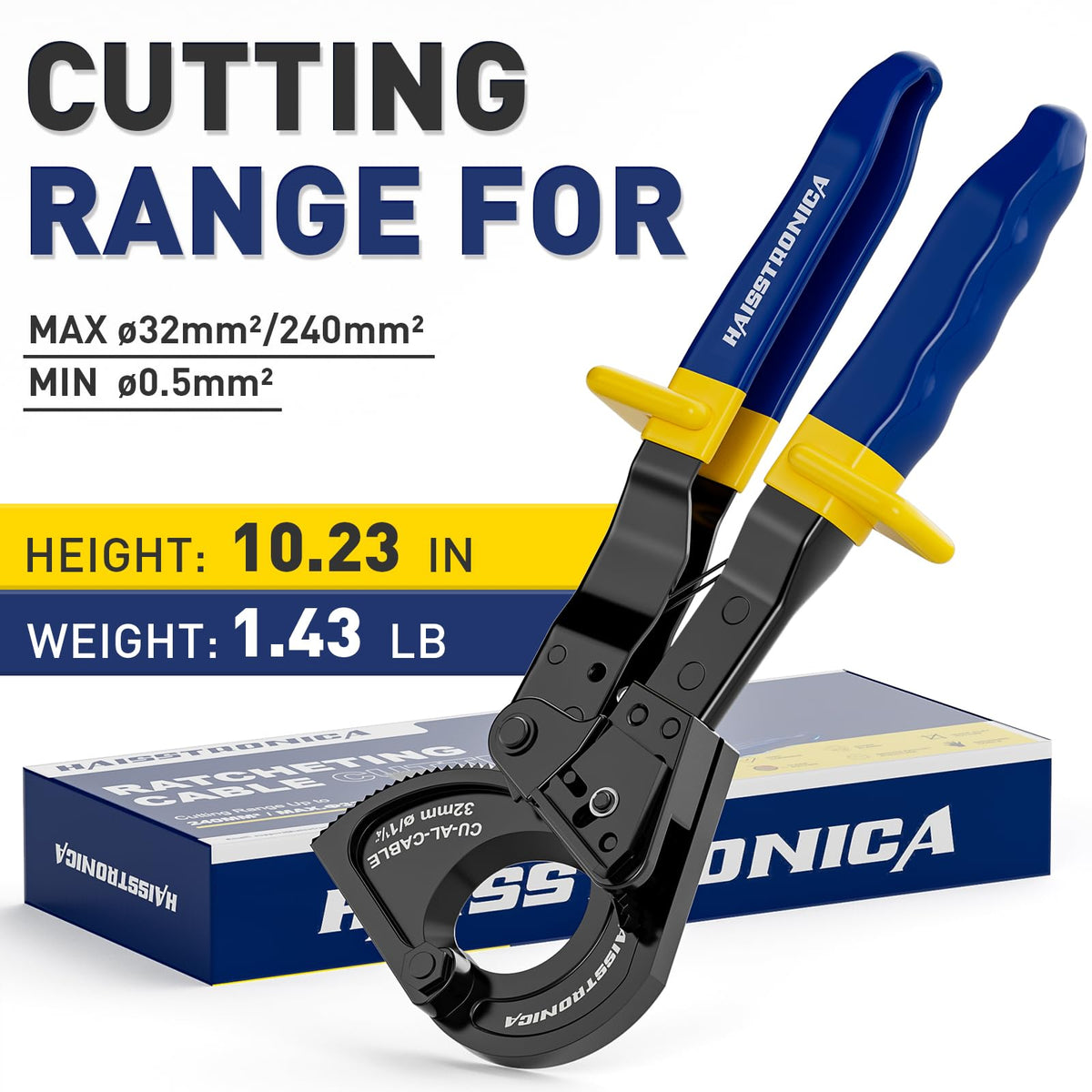 Haisstronica cable cutter range: Handles cables from 0.5mm² to 32mm² (240mm²), 10.23" height, 1.43lb weight.