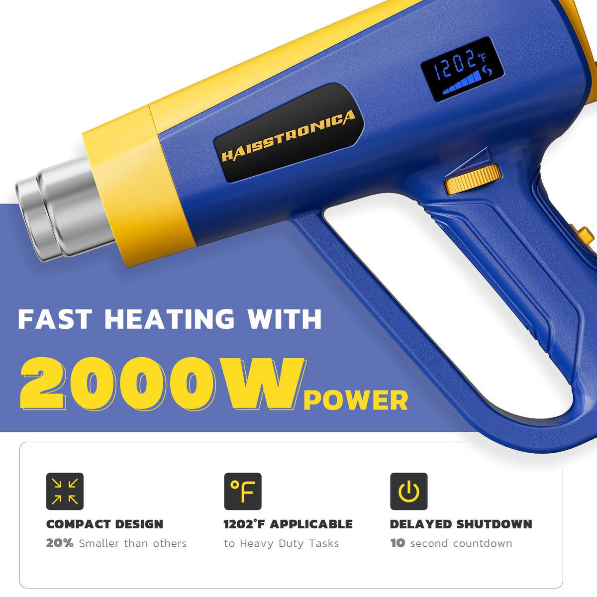 2000W Haisstronica heat gun: Compact 1202°F powerhouse for heavy-duty tasks with 10s delayed shutdown.