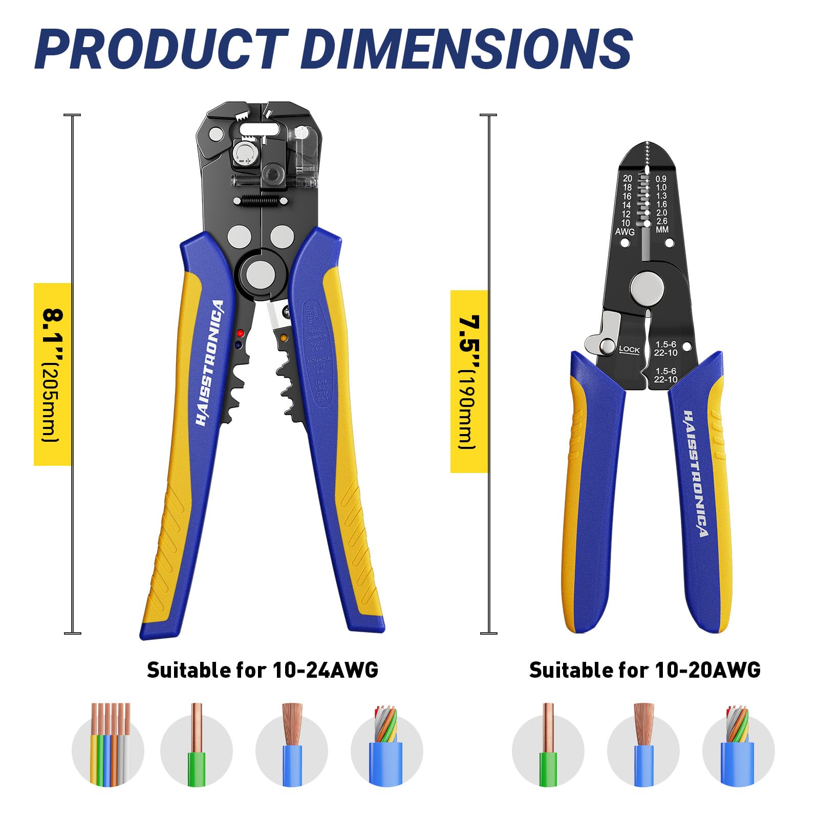 Haisstronica stripper set dimensions: Compact 7.5-8.1" tools for 10-24AWG wires in DIY or professional electrical projects.