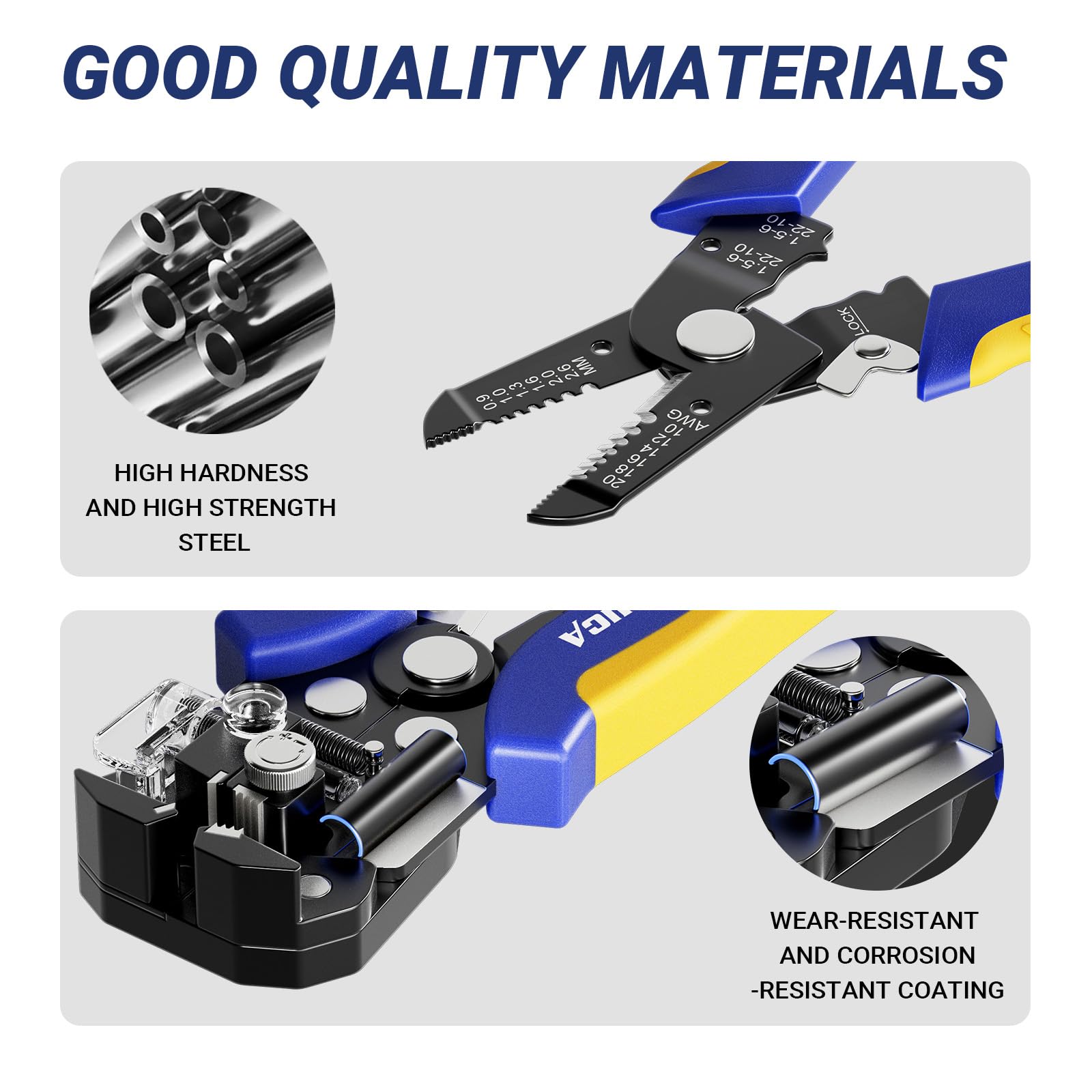 Heavy duty wire strippers by Haisstronica: High-strength steel construction with wear/corrosion-resistant coating for longevity.
