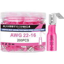 Haisstronica heat shrink spade connectors (200pcs, 22-16AWG) with CE/ISO certifications for versatile applications.