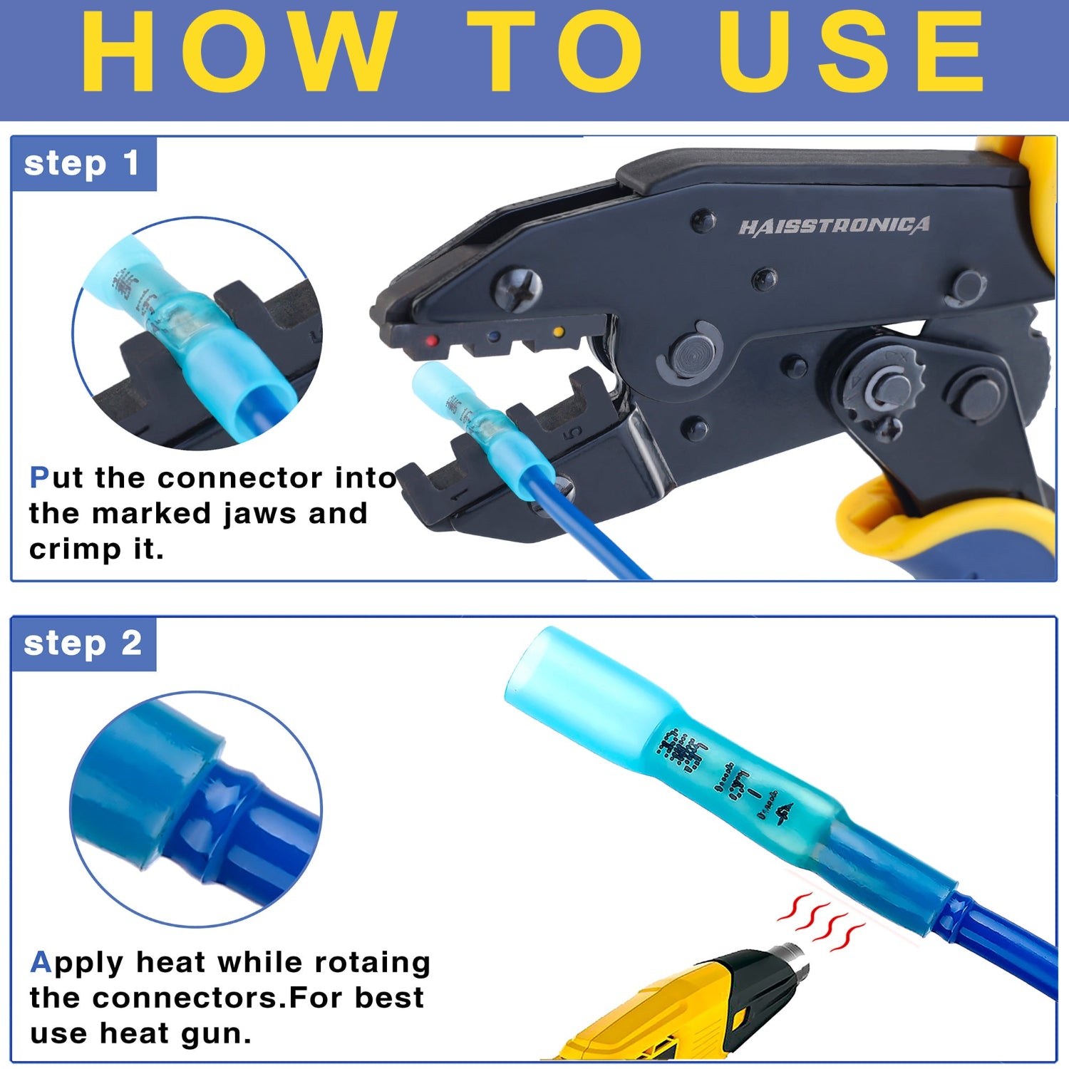 Step-by-step crimping guide for blue wire butt splice, HAISSTRONICA, heat gun application instructions.